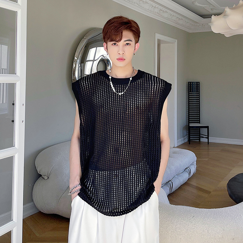 潮镂空透视网面无袖t恤男透明网眼洞洞背心夜店发型师外穿凹造型