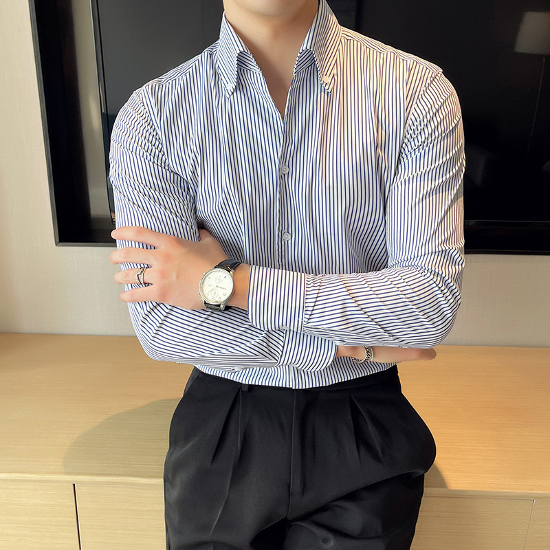 2022春季新款青年英伦修身条纹休闲翻领衬衫男装免烫时尚尖领衬衣