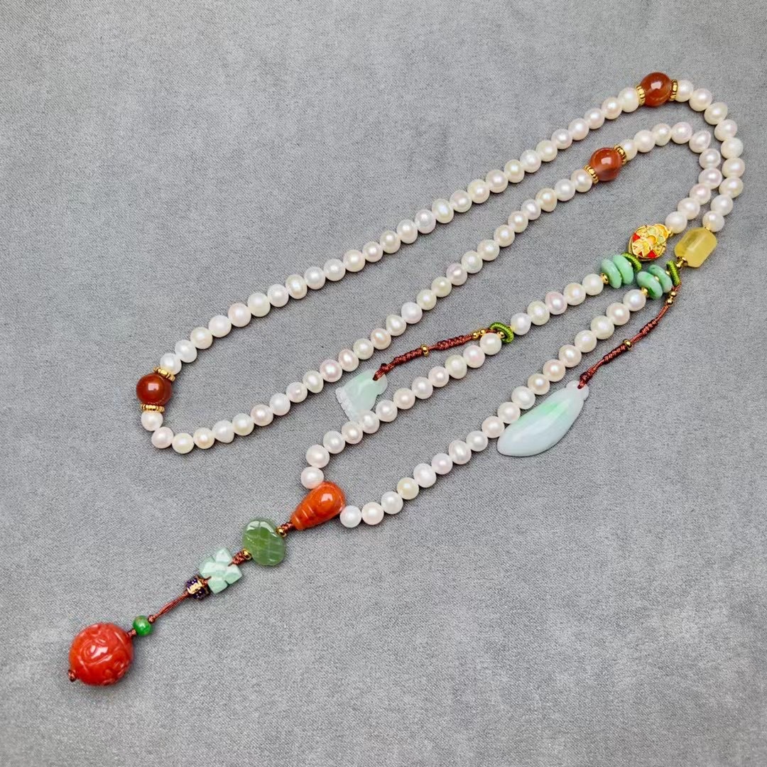 108 Natural Freshwater Pearl Necklace Female South Red Fret Beads Rich Auspicious Pendant Emerald Jasper Sweater Chain