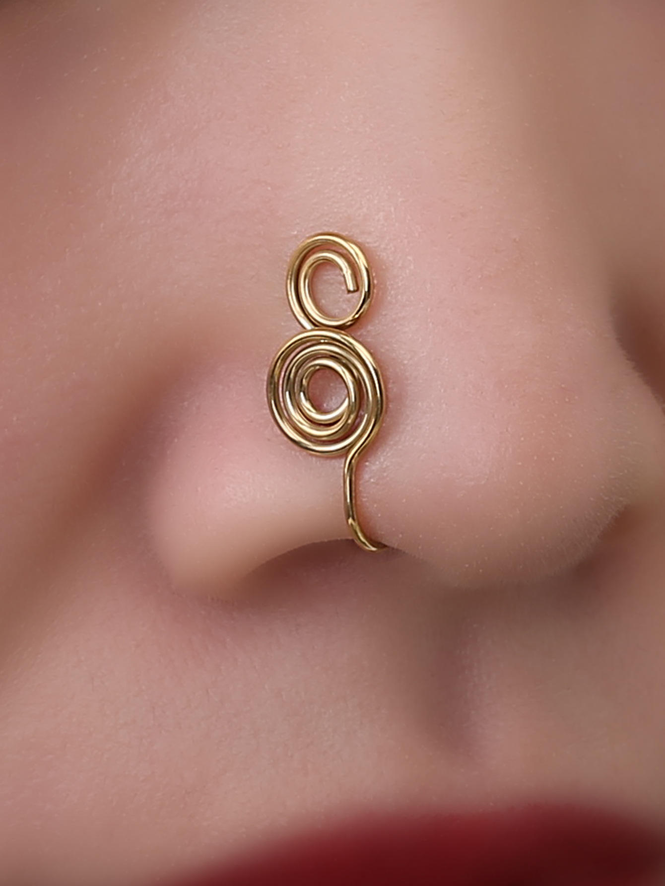 欧美跨境金色不锈钢鼻钉简约无穿刺夸张鼻环手工绕圈心形鼻饰