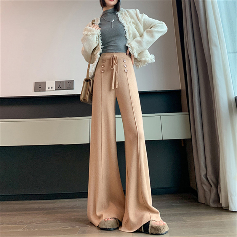 Autumn and Winter 2023 New Drape Knit Wide Leg Bootcut Trousers Women's Lace-up Thick Loose Solid Color Casual Mop Pants