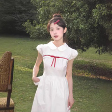 红丝带蕾丝花边娃娃领连衣裙女2024夏季新款甜美森系白色初恋裙子