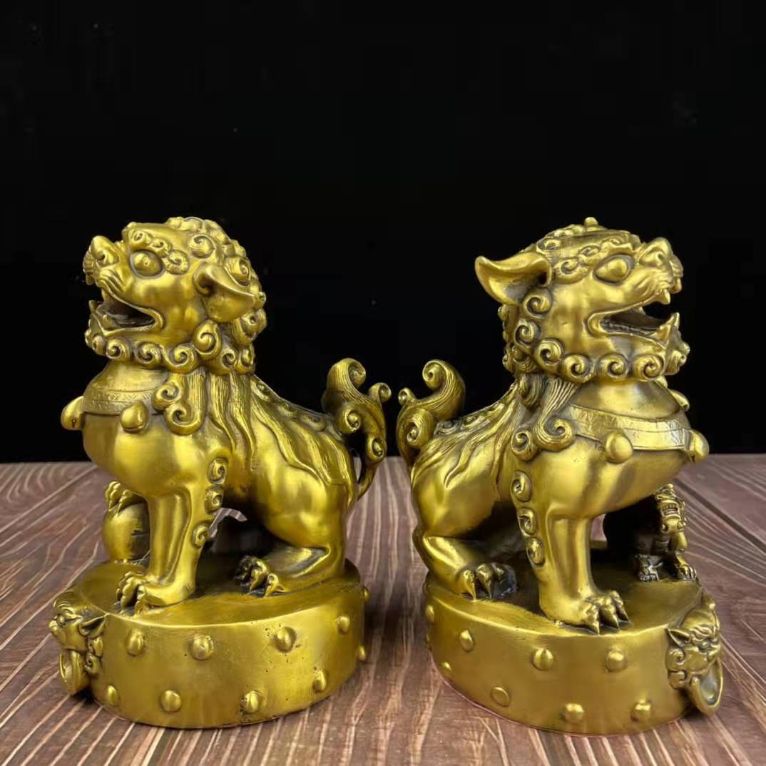 黄铜古玩铜器铜狮子一对站鼓铜狮收藏摆件礼品