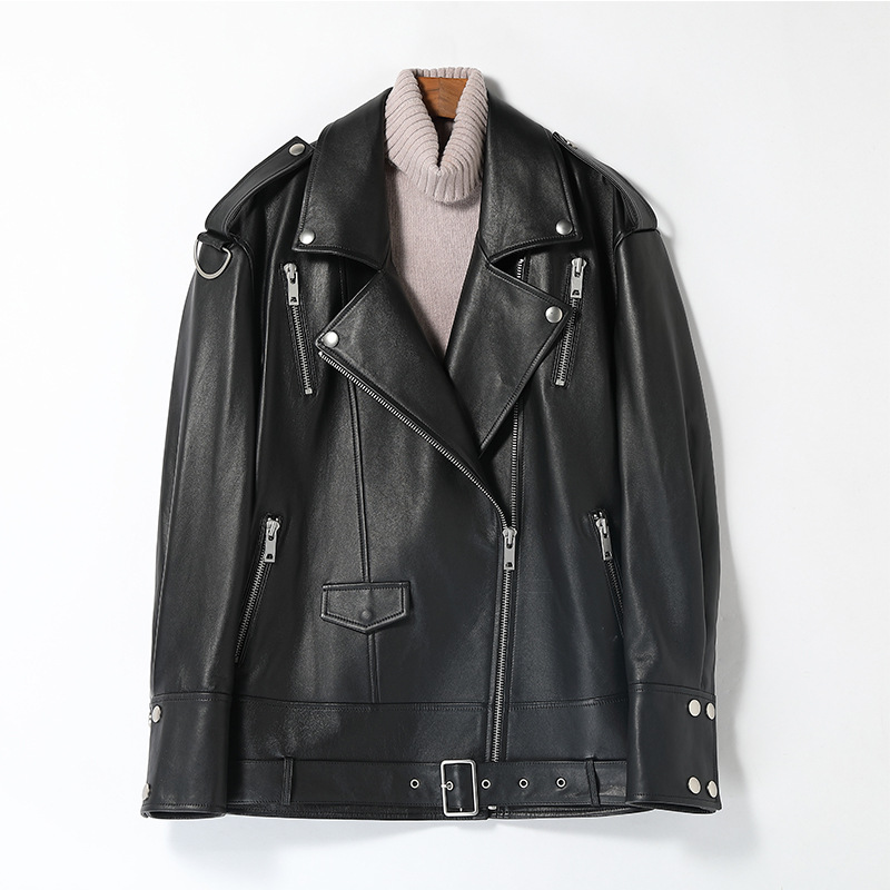 冬修身型翻领有腰带长袖拉链黑色气质通勤韩版皮衣真皮女外套定制