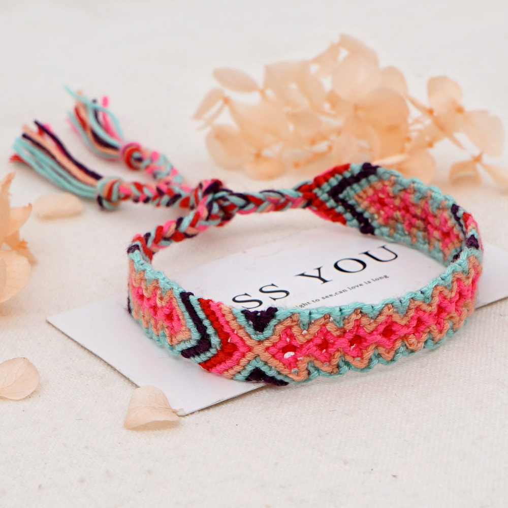 pcs欧美手工原创麻棉编织手链波西米亚彩色民族风文艺松紧手绳女￥3