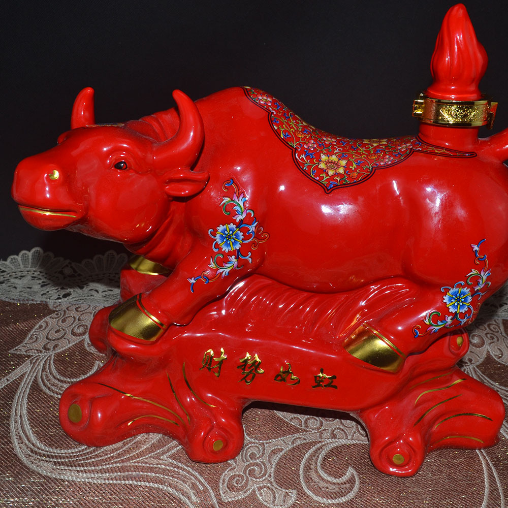 景德镇陶瓷艺术酒瓶酒坛牛气冲天红牛存酒高温瓷包装容器5斤套装