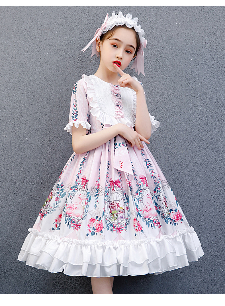 女童洛丽塔短袖夏季lolita洋装日系公主裙中大童表演雪纺印花批发