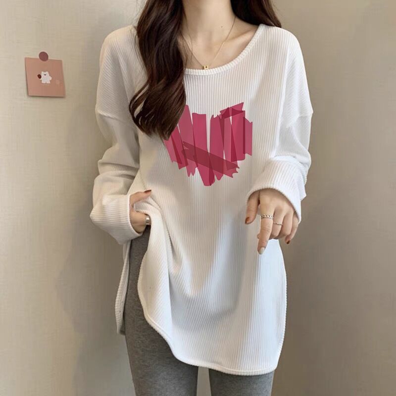 Plus Size Sunken Stripe Thread T-shirt Women's Long Sleeve Autumn Korean Loose Sweatshirt Mid-Length Bottoming Shirt Inner Wear Blouse Tide