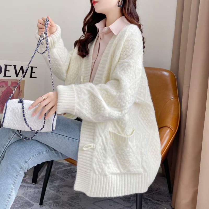 慵懒风白色毛衣女24秋冬新款外套宽松长袖加厚针织开衫中长款上衣