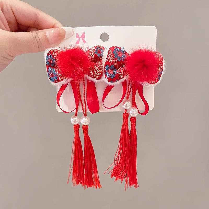 Chinese Style Children's Bow Barrettes New Year Greeting Headdress Cute Hair Ball Clip Baby Girls Hair Accessories Hairpin