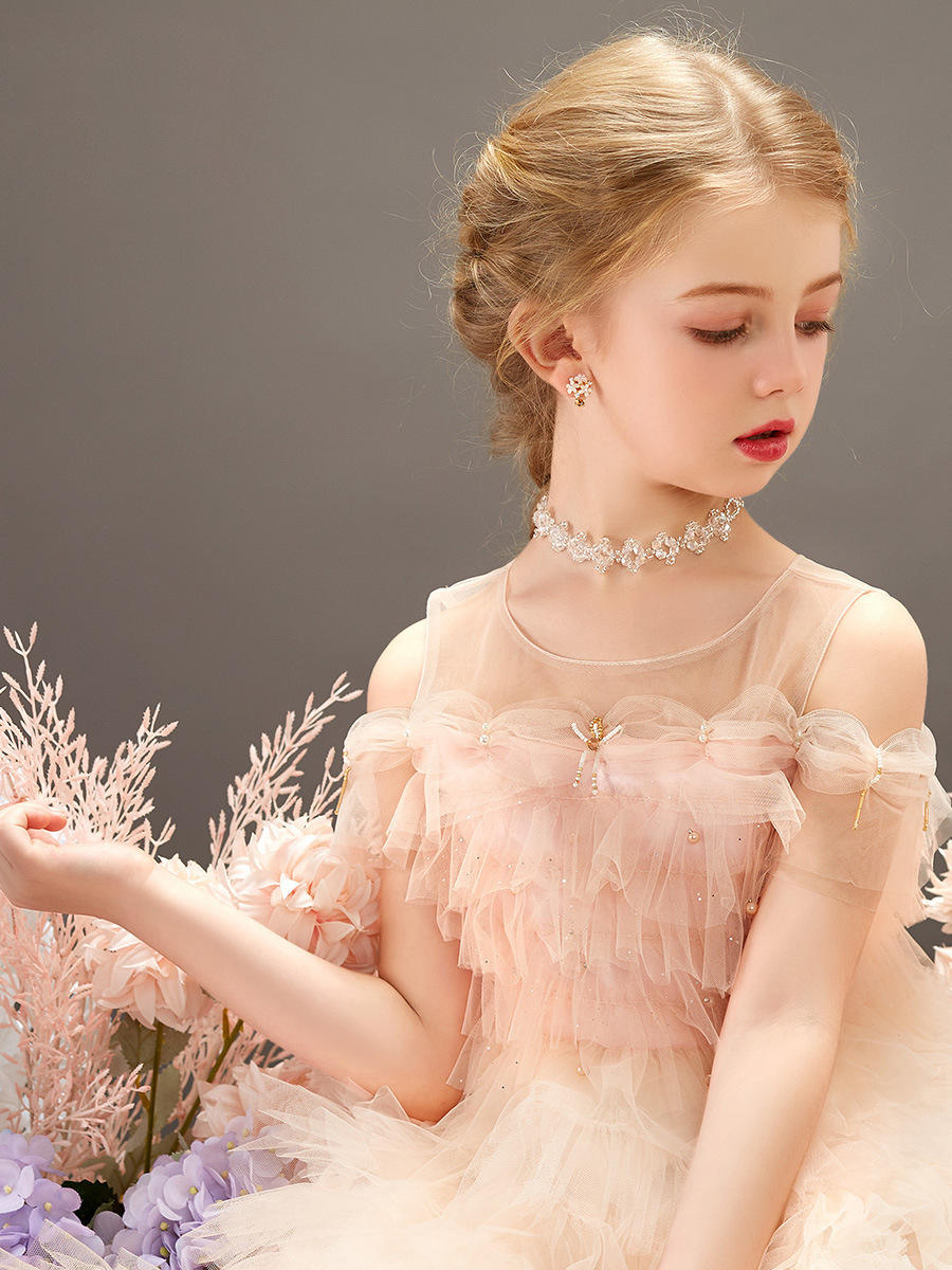 跨境儿童礼服公主裙洋气粉色花童蓬蓬纱连衣裙小女孩生日礼服裙潮