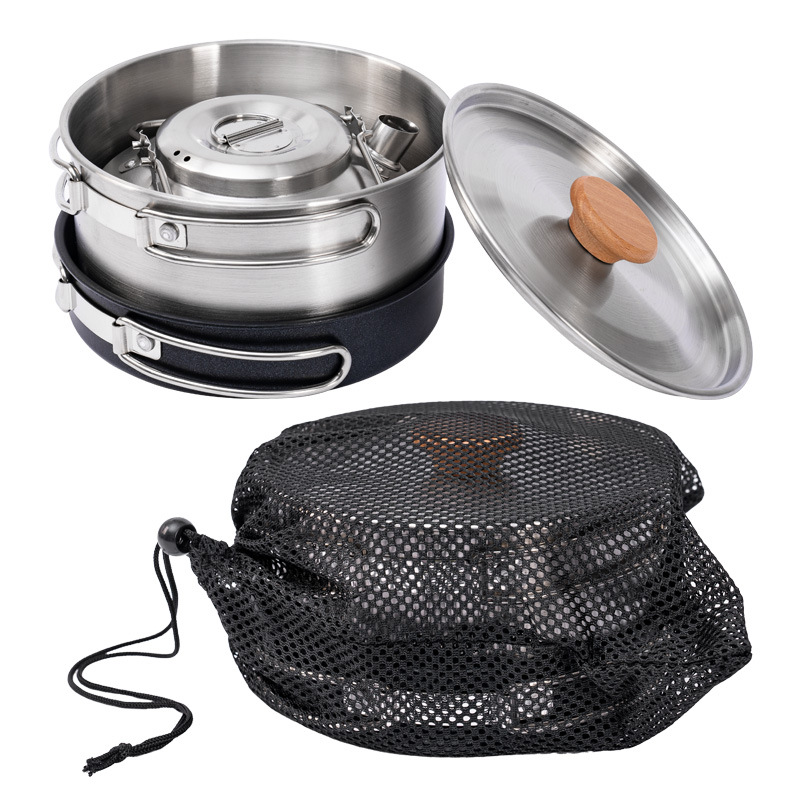 Outdoor 304 Stainless Steel Pot Teapot Non-Stick Fry Pan Frying Pan Soup Pot Kettle Camping Tableware Set for 3-4 People