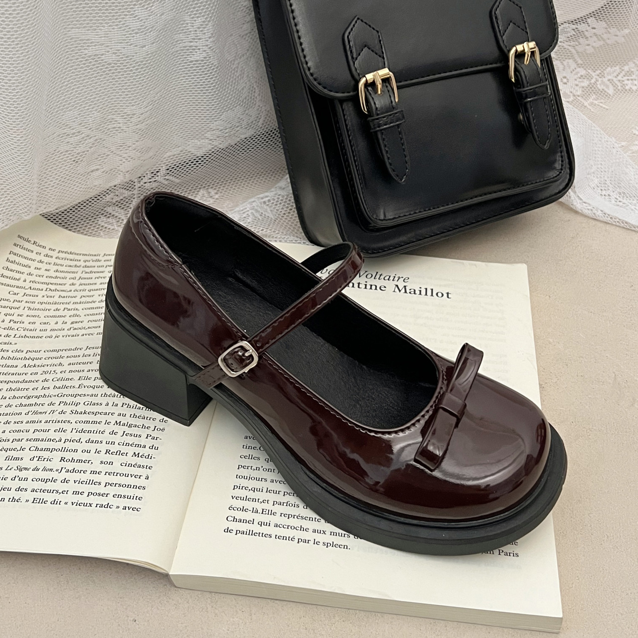 法式复古高跟玛丽珍鞋女2024新款夏季蝴蝶结棕色圆头英伦风小皮鞋