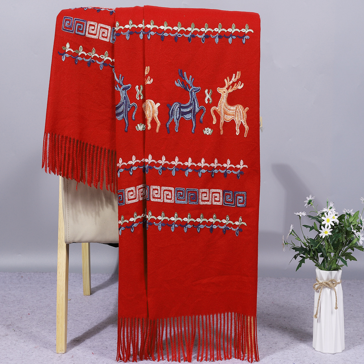 Embroidered Shawl Dual-Use Sika Deer Thick Scarf Autumn Winter Retro Ethnic Style Women‘s Embroidered Scarf