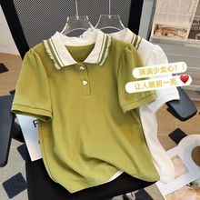 女童polo衫夏季短袖纯棉学院风翻领韩版宽松新款撞色潮款短款上衣