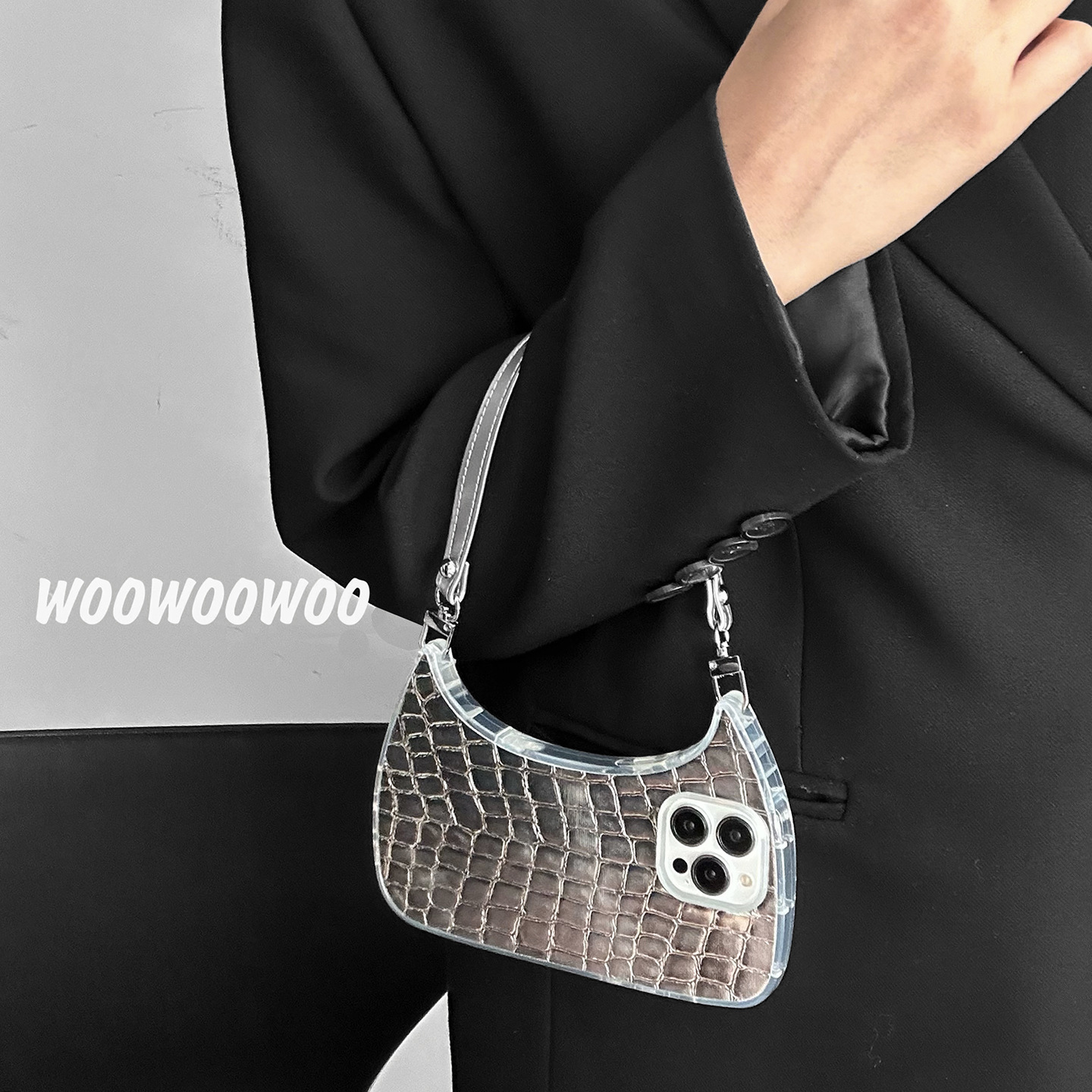 银色皮质链条手提包包适用iphone13promax苹果14手机壳新款12女11