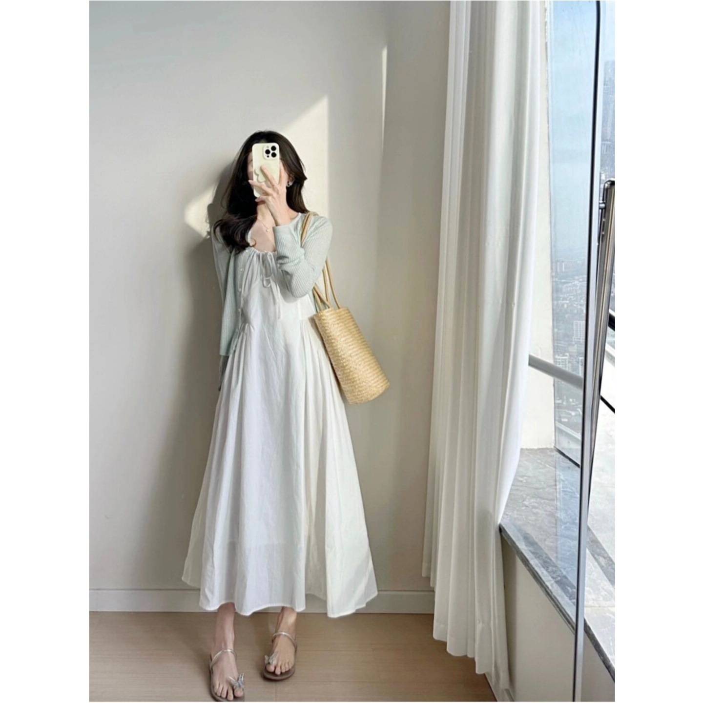 法式气质抽绳背带裙连衣裙女夏季收腰长裙 冰丝防晒针织衫两件套