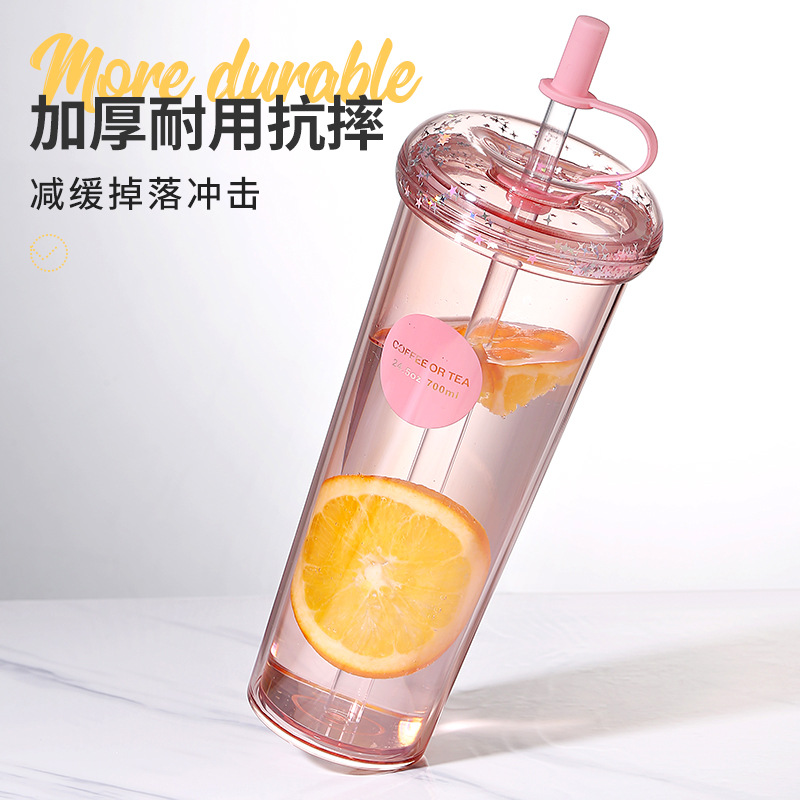 Handy Student Plastic Water Cup with Straw Large Capacity Heat Resistant Water Cup Good-looking Portable Double-Layer Cup with Straw