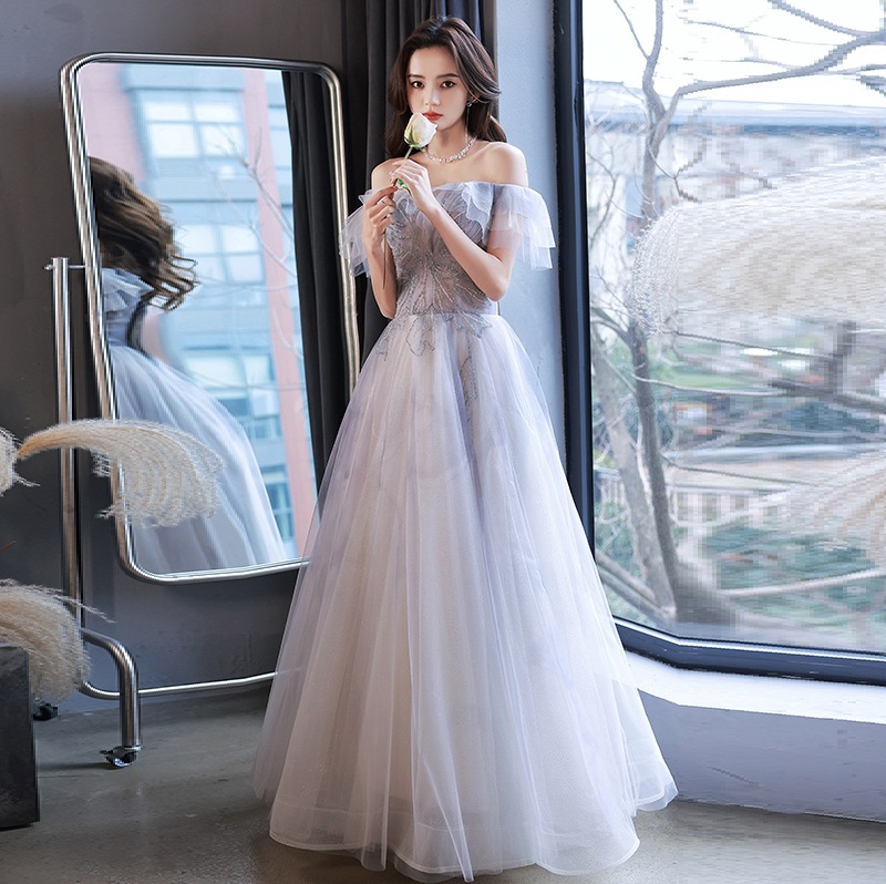 紫色晚礼服女2022夏季新款一字肩宴会聚会主持毕业超仙礼裙伴娘裙