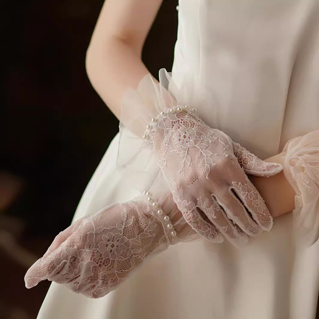 法式蕾丝短款新娘手套 白色珍珠花边婚礼晚宴写真婚纱配饰wg048