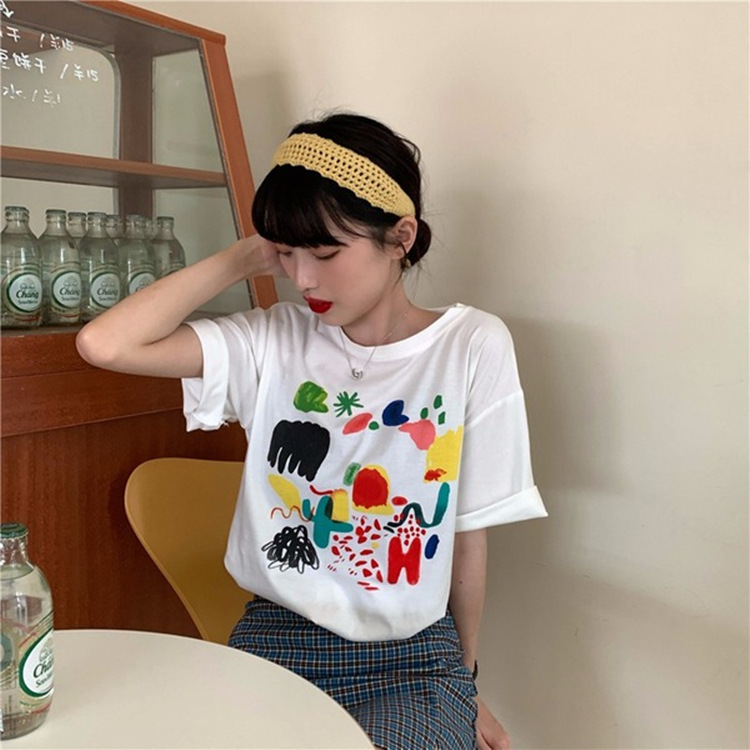 【跨境】涂鸦印花短袖t恤女潮夏宽松白色设计感小众上衣【代发】