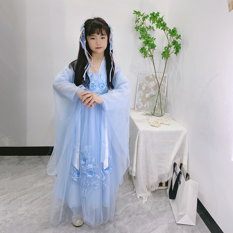蓝色女童汉服2022新款春季儿童古装中国风小女孩改良广袖儿童汉服