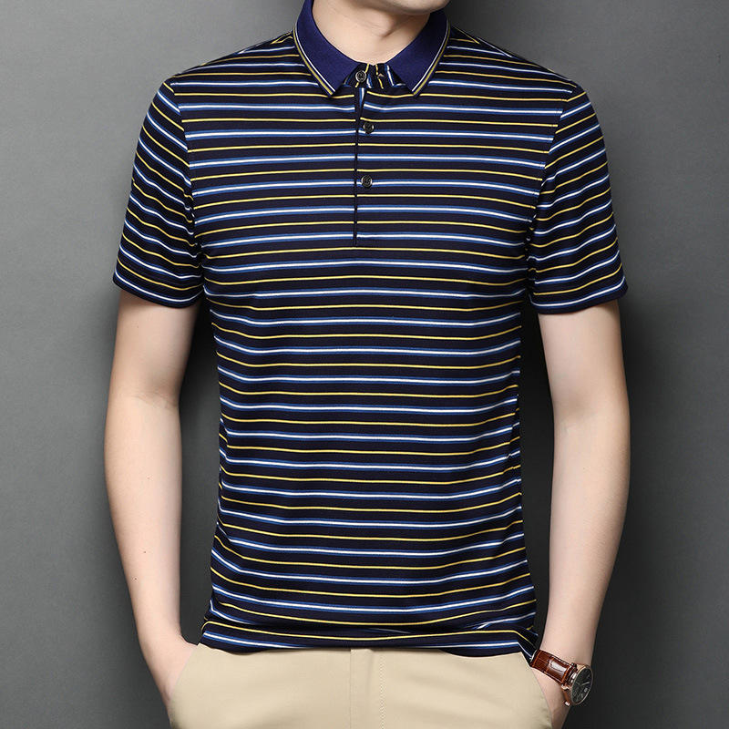 高档夏季中青年宽松条纹男士t恤外贸原单桑蚕丝短袖上衣