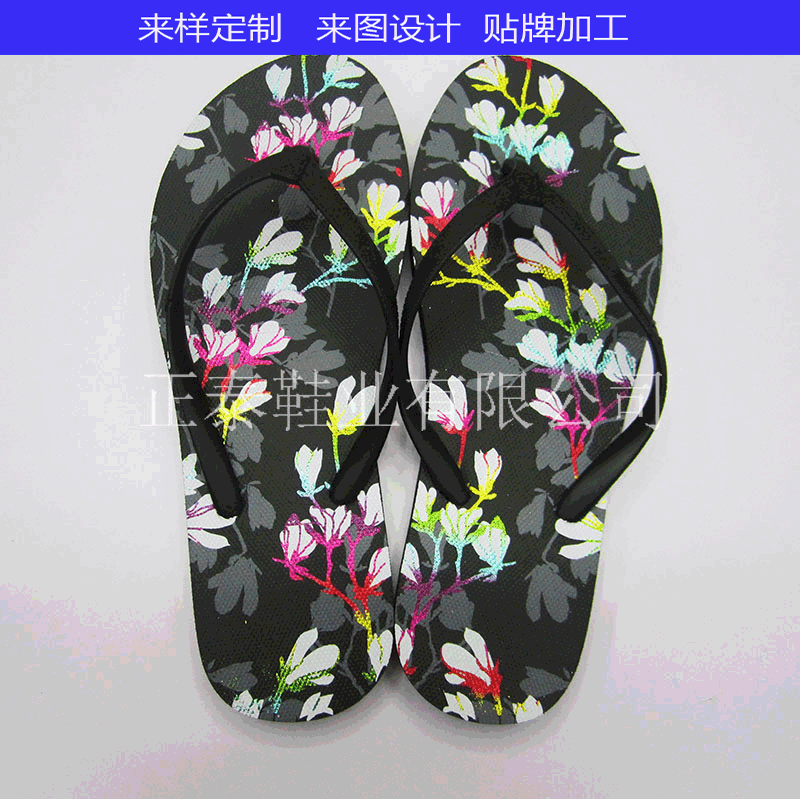 foreign trade export foreign pe flip-flops printed black flip-flops can be printed logo pattern beach slippers