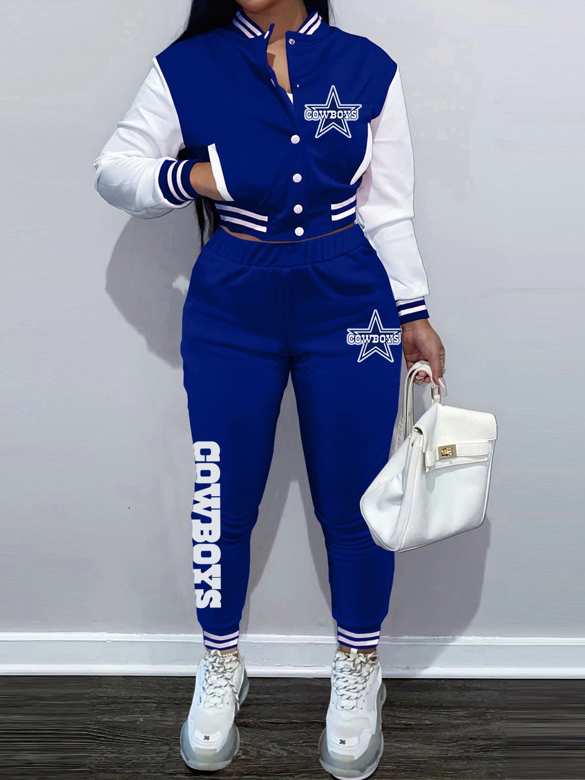 欧美外贸女装套装nfl橄榄球服女式夹克套装单排扣长袖棒球服长裤