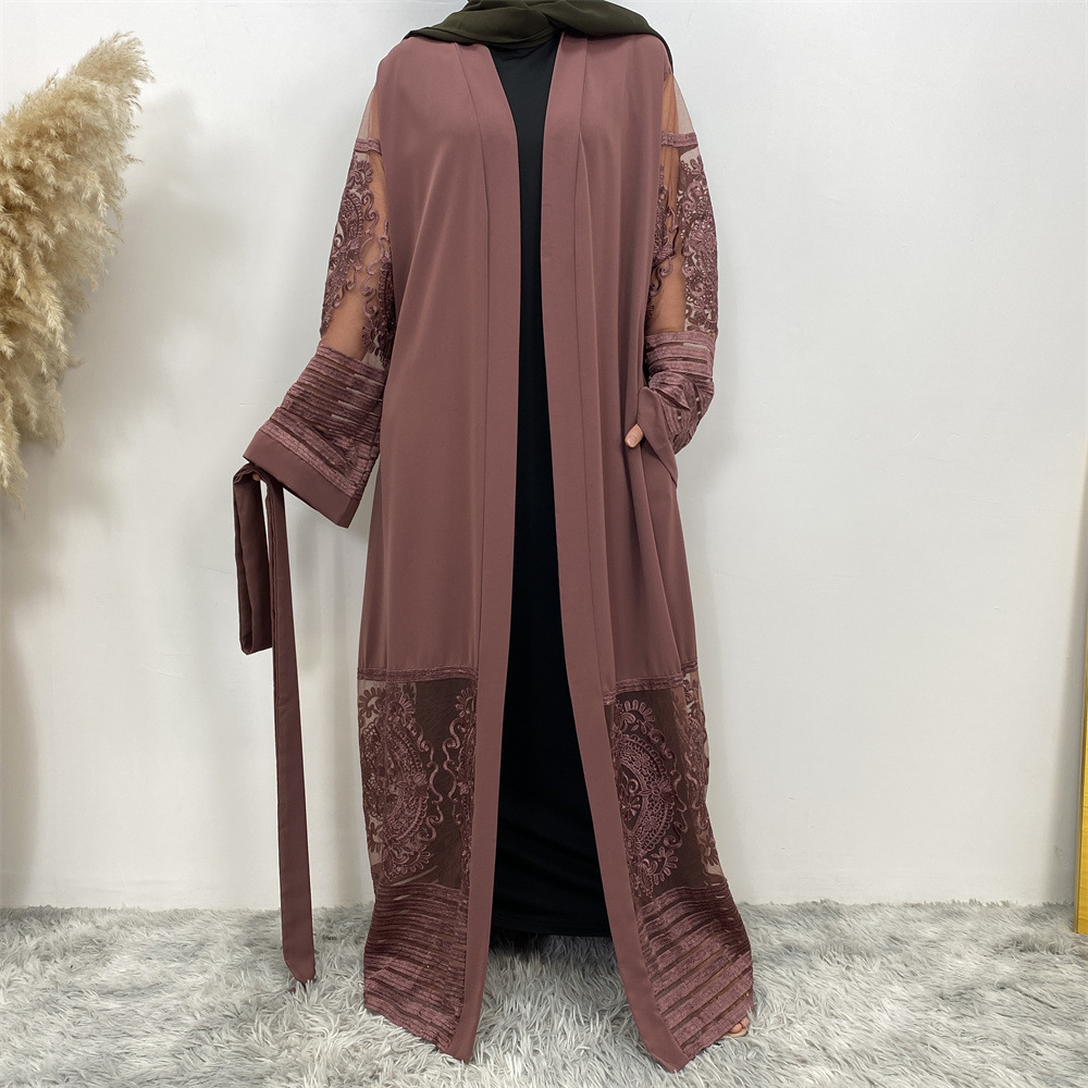 European and American Fashion Best-Seller Cardigan Women's Clothes Embroidered Mesh Dubai Robe Dress 1546