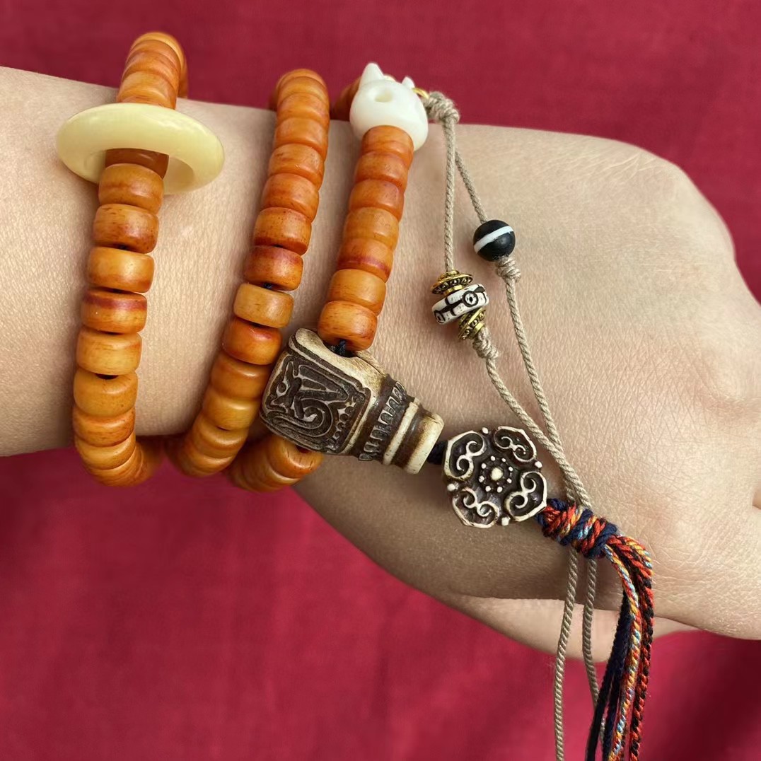 牛骨老灵骨文玩手串108颗佛珠diy饰品跑环藏风桶珠手串现货批发