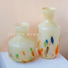 高级感彩色琉璃奶黄色大口径手工中古风花瓶花器插花摆件软装装饰