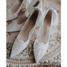 法式公主主婚纱仙女风女婚鞋蕾丝网纱小众鞋绑带白色尖头高跟鞋