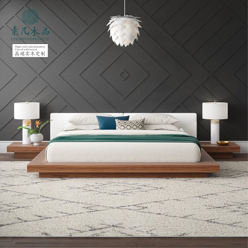 简约日式榻榻米落地床黑胡桃木1米8卧室双人大床新中式定制实木