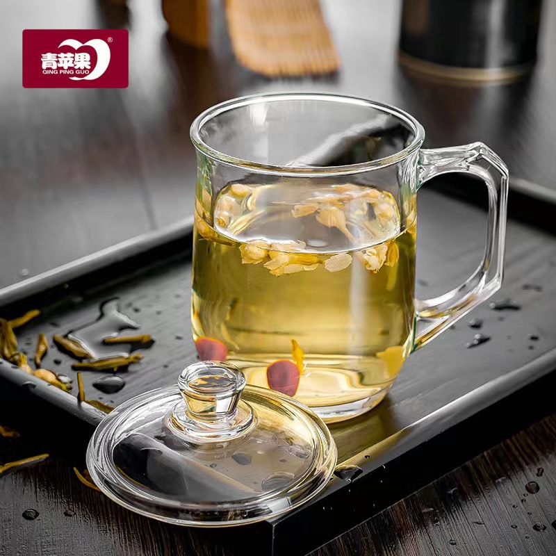 青苹果经典大容量带柄带盖耐热玻璃杯马克杯茶水杯办公室印logo