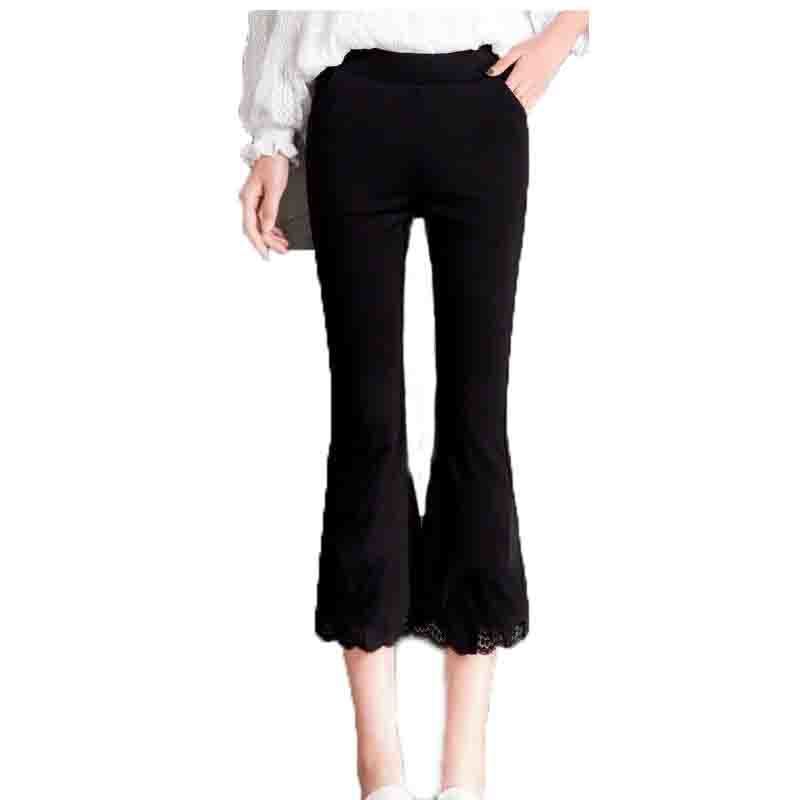 2023 Lace Edge Bell-Bottom Pants Black High Waist Cropped Pants Outer Wear Women Temperament Commute Lightly Mature Women's Casual Trousers