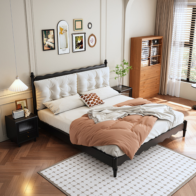 新款主卧婚床复古法式轻奢藤编床美式简易软包1.8米双人床实木床