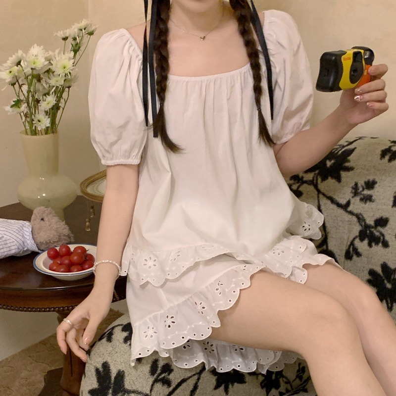 甜美公主风新品蕾丝镂空方领睡衣法式宫廷少女夏日短袖家居服套装