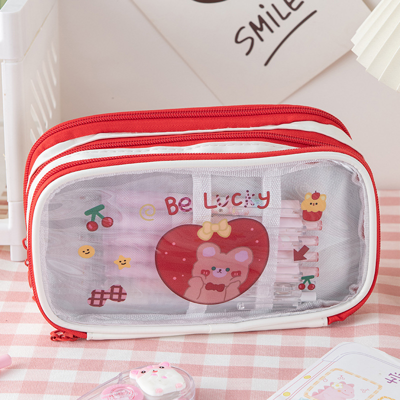 Cartoon Transparent Girl Pencil Case Three-Layer Large Capacity Storage Bag Simple High School Primary School Student Japanese Storage