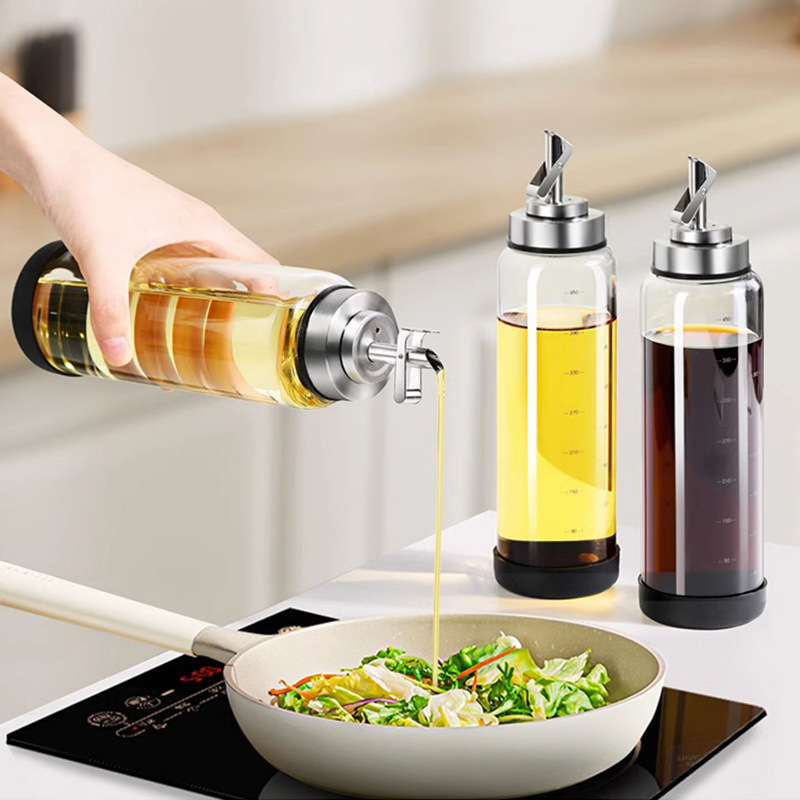 Kitchen Stainless Steel Gravity Oiler Automatic Opening and Closing Oil Bottle Soy Sauce Sesame Oil Vinegar Bottle Glass Seasoning Seasoning Bottle