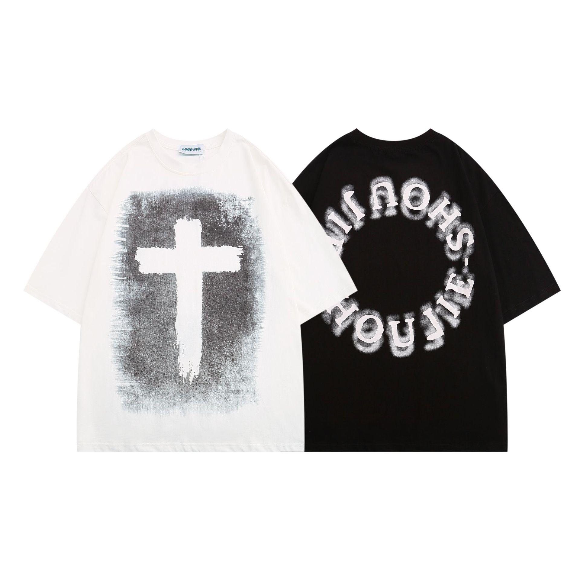 短袖t恤男潮牌夏季欧美高街十字架外套潮流帅气百搭情侣装半截袖