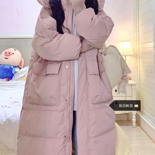 大码韩系粉色羽绒棉服女冬季长款连帽韩版大口袋宽松加厚棉衣外套