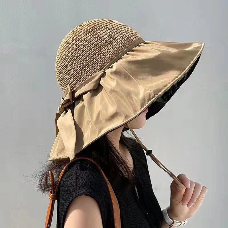 Internet Celebrity Beach Hat Summer Sun Hat Women's Hollow-out Straw Hat Breathable Big Brim Face-Covering Sun-Proof Bucket Hat Sun Hat