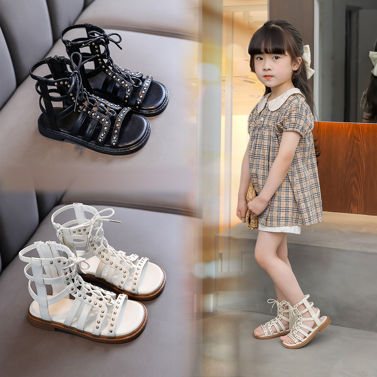 女童罗马凉鞋夏季新款童儿童高帮小女孩黑色公主童鞋-阿里巴巴