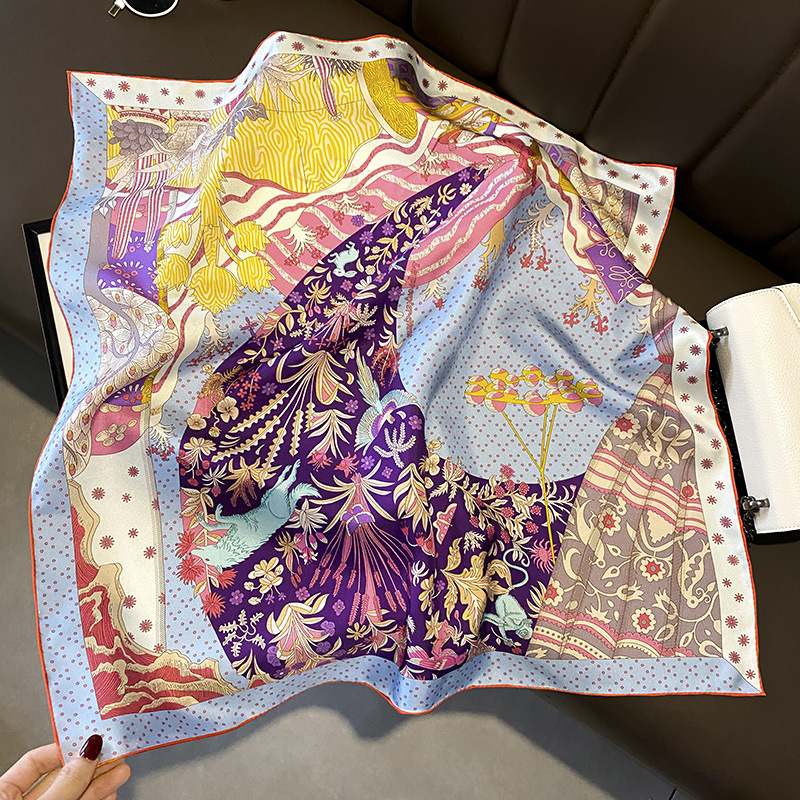 Korean Style Spring and Summer Lightweight Stitching 70 Twill Silk Mulberry Silk Square Scarf Hand Binding Small Scarf Women's Tied Bag
