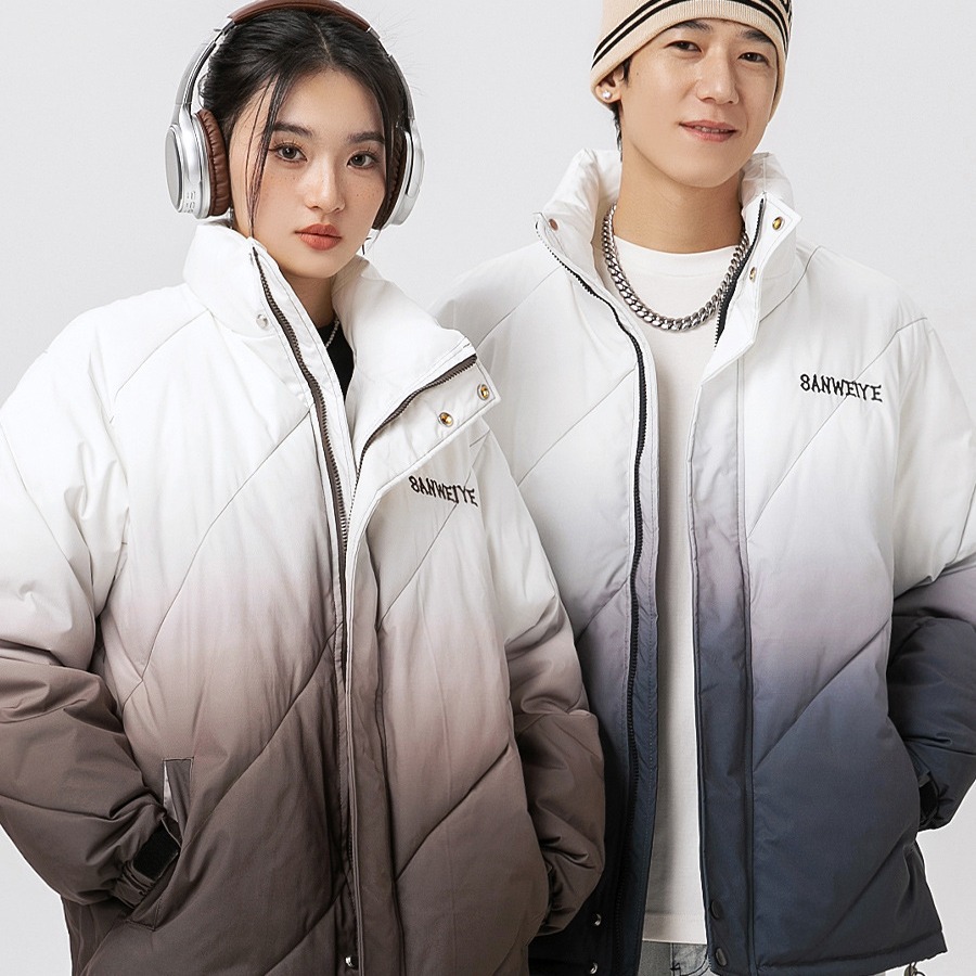 龙之日系情侣装棉服外套2023冬季高级感渐变菱形格刺绣立领棉服爹