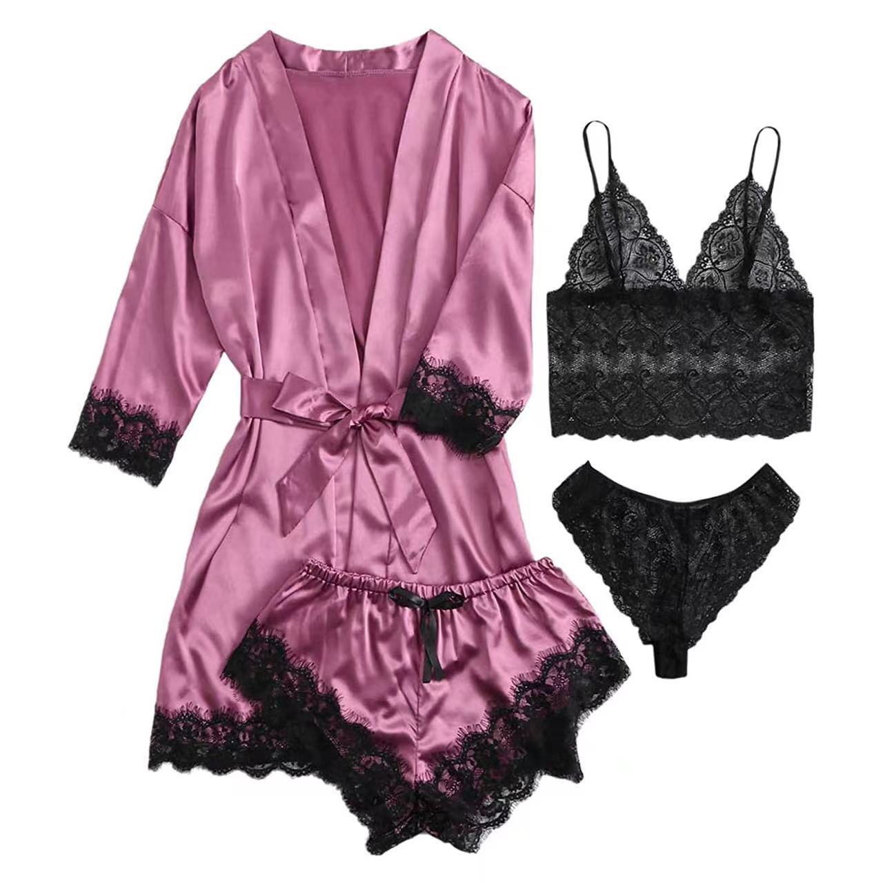 New European and American Ladies Pajamas 4-Piece Lace Satin Strap Pajamas Women's Summer Suit with Nightgown Nightdress Wholesale