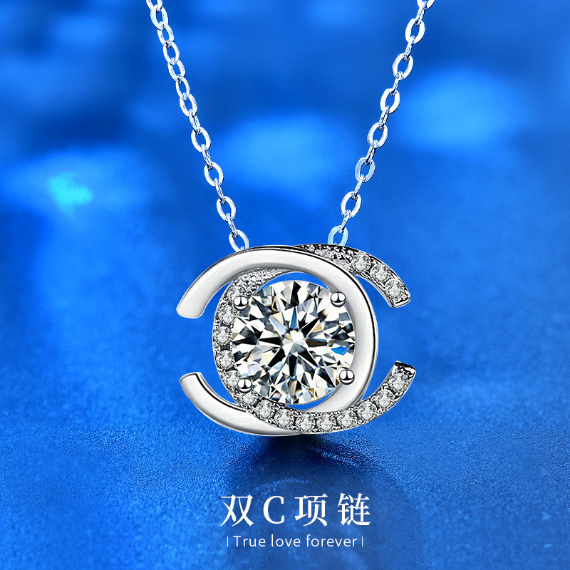 莫桑钻项链925纯银双c字母吊坠女士锁骨颈链情人节礼物饰品直播