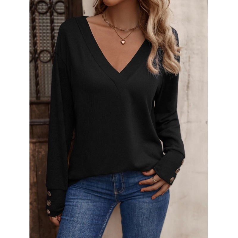2023 Europe and America Cross Border Foreign Trade Women's Clothing Amazon Autumn and Winter New Solid Color and V-neck Loose Long-Sleeved T-shirt Button