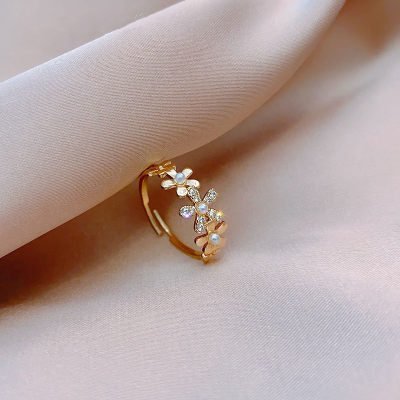 European and American Retro Ins Trendy Cold Open Ring Women's Japanese and Korean Simple Pearl Zircon Ring Net Red Tail Ring